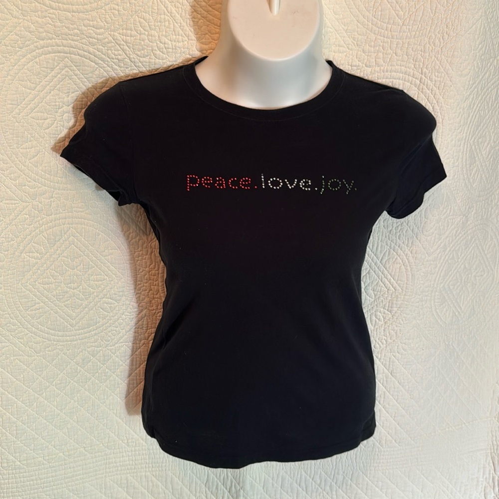 peace. love. joy. Black T-shirt. Size Small. 100% cotton